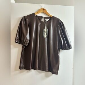 NWT chocolate Faux Leather Puff Sleeve Top